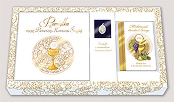 Pamiątka I Komunii Świętej. Zestaw Pamiątka. Modlitewnik. Medalik okładka