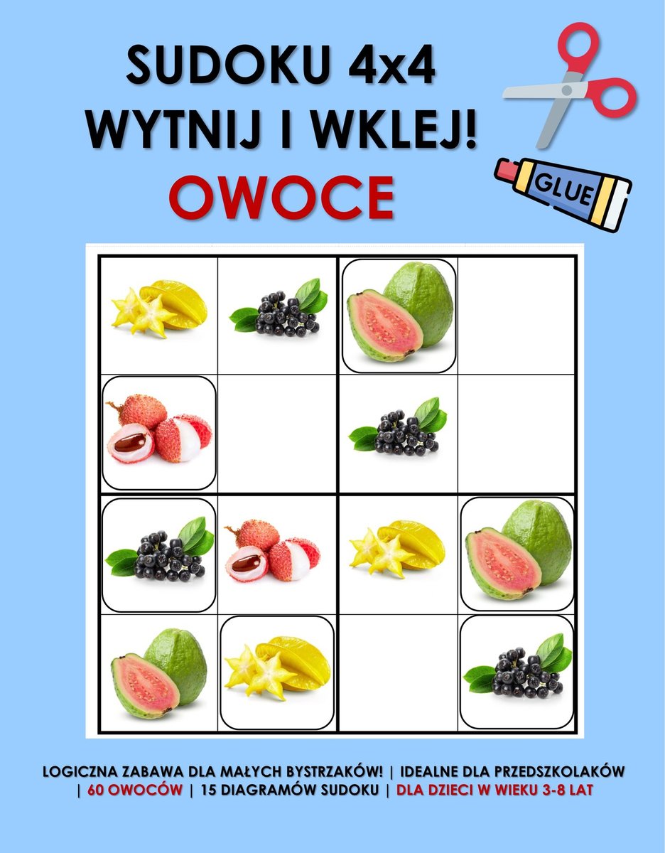 Sudoku 4x4: Wytnij i Wklej: Owoce. Logiczna zabawa dla dzieci z owocowymi ilustracjami do wycinania i wklejania! okładka