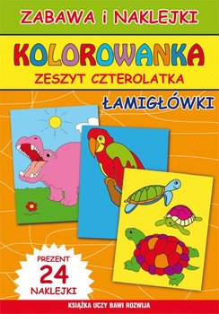 Zabawa i naklejki. Kolorowanka. Zeszyt czterolatka. Łamigłówki okładka